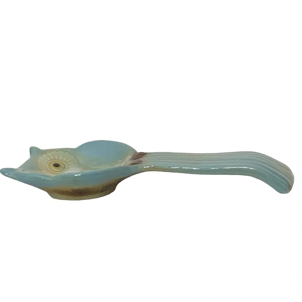 Spoon Rest Owl Shape Hand Painted Glazed Ceramic Rustic Brown Blue 10 inch